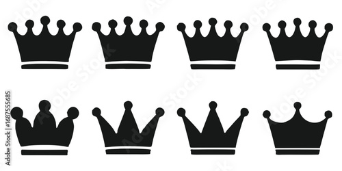 Collection of eight distinct black silhouette crown icons arranged in two rows against a black background