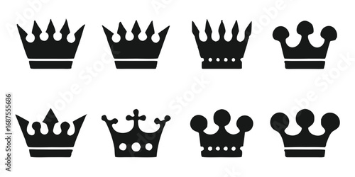 Collection of eight distinct black silhouette crown icons on a transparent background
