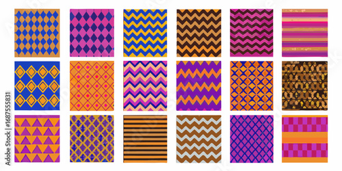 Collection of diverse colorful geometric patterns and abstract designs in a grid layout