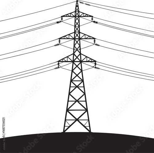 Silhouette of a tall electricity pylon with power lines isolated on white background