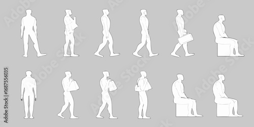 Collection of simplified human figure outlines showing various poses and actions against a gray background