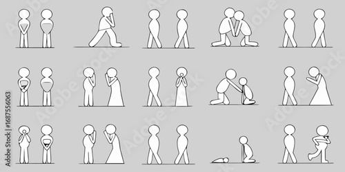 Collection of simple stick figure characters expressing various emotions and actions in a grid layout