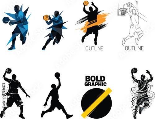 Dynamic basketball player silhouettes in action, dunking, dribbling, jumping, bold graphic design, sports illustration