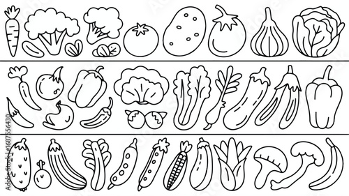 Black and white vector line illustration of various vegetables arranged in rows perfect for coloring book pages and educational materials