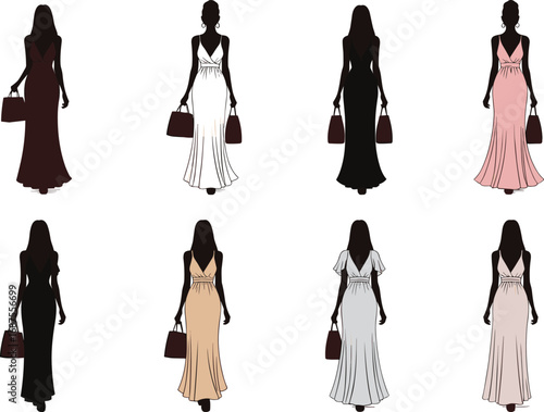Elegant women in evening dresses walking with handbags, fashion silhouettes, various colors and styles, graceful movement