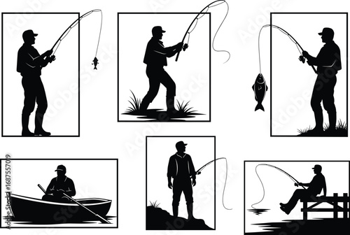 Fisherman silhouettes fishing with rod and reel, boat and pier scenes, outdoor leisure and hobby
