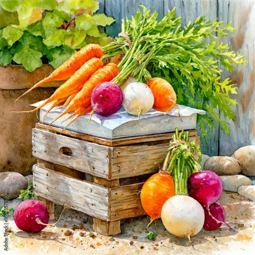 Bodegón de verduras en acuarela con zanahorias, rábanos y nabos sobre una mesa de madera