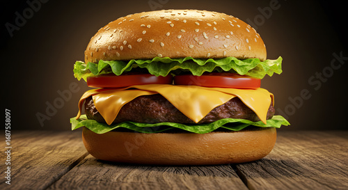 Juicy Cheeseburger with Sesame Seed Bun on Rustic Wooden Surface in Warm Light