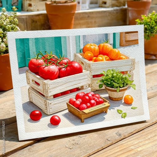 Bellísima composición acuarelada de verduras con cajas y tomates frescos en un entorno soleado