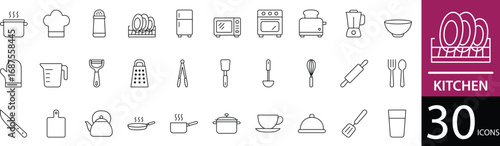  Minimal Kitchen Line Icon Set 30 Clean Outline Symbols for Cooking, Food, and Culinary Design