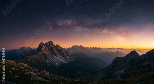 Starlit Sky Over Majestic Mountain Range During Twilight in Dolomites Regional Park