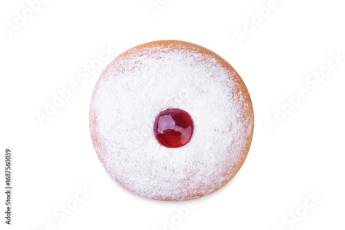 Tableau sur toile Donut with powdered sugar and jam topping for Hanukkah on a white isolated backg