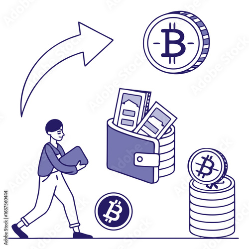 Person carrying digital currency to wallet with bitcoins, a future of finance and investing concept