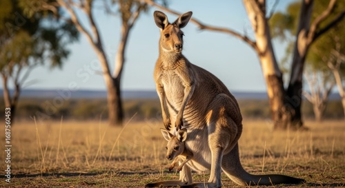 Eastern Grey Kangaroo with Joey in Pouch, Australia Wildlife