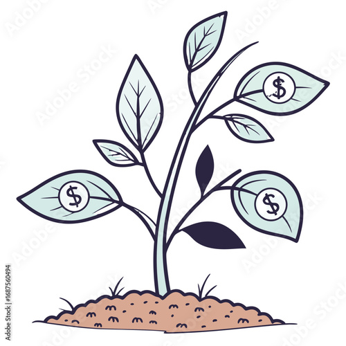 Financial growth concept with money tree springing up, cultivate wealth, prosperity symbol, vector
