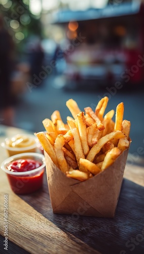 Crispy French Fries in Paper Basket with Ketchup and Mayonnaise at Outdoor Food Truck, Blurred Background