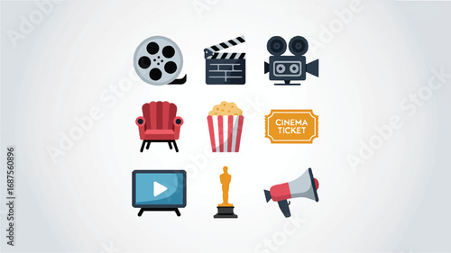 Cinema icons vector set showing film reel clapperboard camera chair popcorn ticket award screen and megaphone flat design