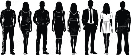 Silhouettes of diverse men and women standing in casual and formal outfits for fashion, identity, posture, and lifestyle vector themes