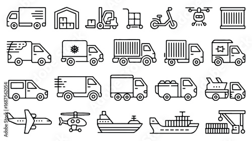 Collection of Delivery and Transportation Icons Depicting Trucks Ships Airplanes and More For Logistics Needs