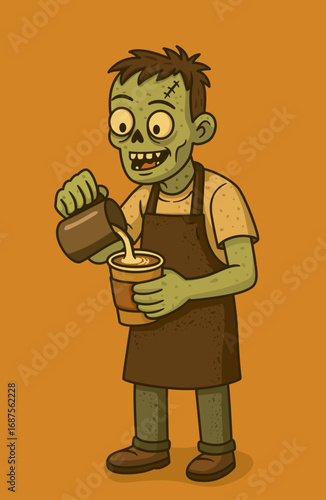 Flat cartoon Halloween illustration of zombie barista