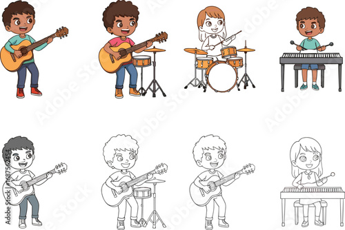 Kids playing instruments, cartoon music band, guitar, drums, keyboard fun, music education, children performance, colored and lineart versions