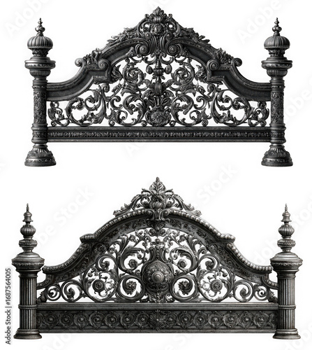 Ornate victorian cast iron headboard and footboard designs isolated on transparent background