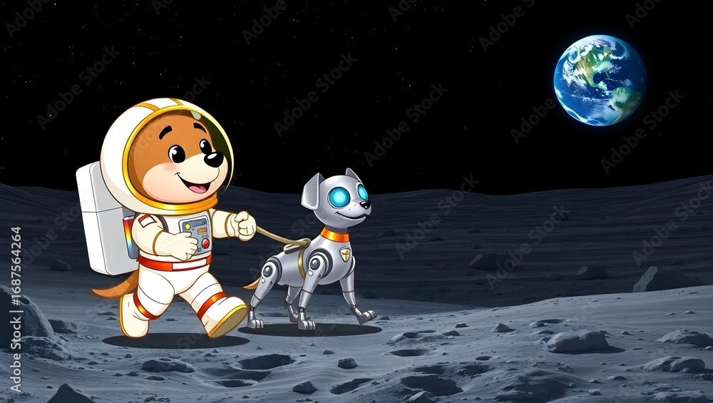 Naklejka premium A cartoon dog astronaut walks a robot dog on the moon, with earth visible in the background, creating a whimsical scene of space exploration and companionship