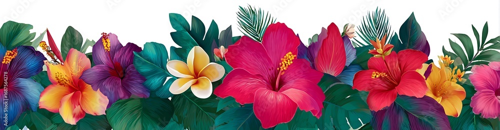 Obraz premium Vibrant tropical flower border collection with lush greenery botanical design elements