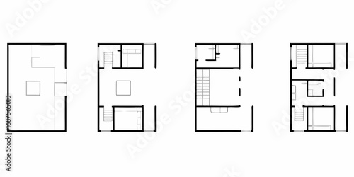 Architectural floor plans of a modern minimalist house design showing different levels and layouts