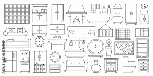 Collection of line art furniture and home decor items for interior design