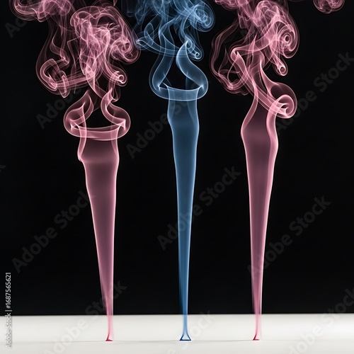Three columns of colored smoke rising against a black background.