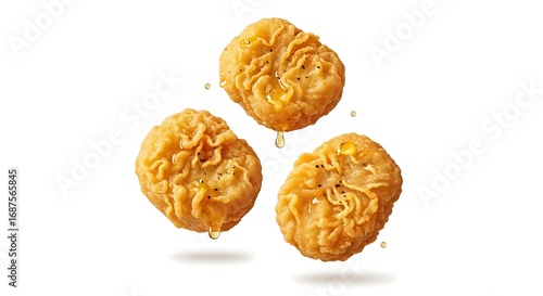 Three Crispy Chicken Nuggets Floating in Mid-Air Against a White Background.