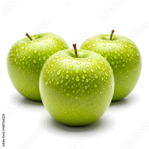 Three Fresh Green Apples with Water Droplets on a White Background.