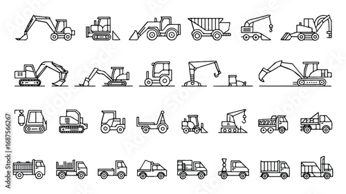 Collection of Various Construction Vehicles Outlined Heavy Machinery Industrial Equipment Icons Vector Graphic Design Illustration