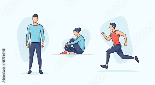 Three Men Poses - Standing, Sitting, Running, Illustration.