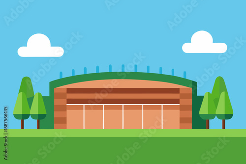Vector illustration of a modern sports stadium with trees and sky