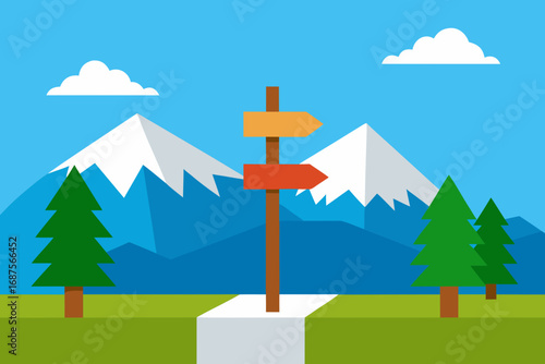 Vector mountain landscape with directional signpost and pine trees illustration
