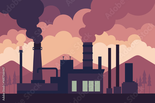 Industrial factory landscape illustration with smoke stack emissions and silhouetted buildings