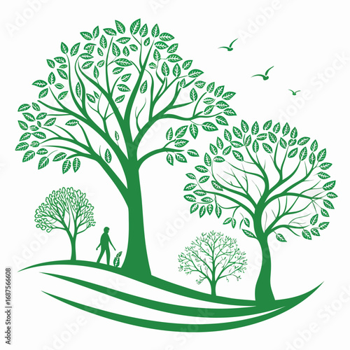 Green trees with a person and dog walking on rolling hills
