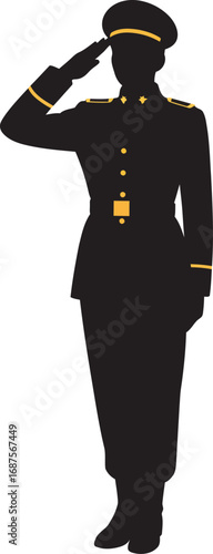 a soldier silhouette saluting in uniform on transparent background