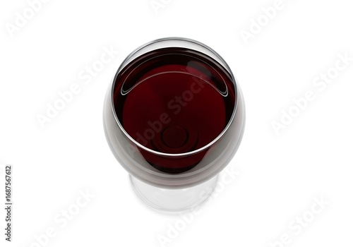 Top view of a glass of red wine on a white background.