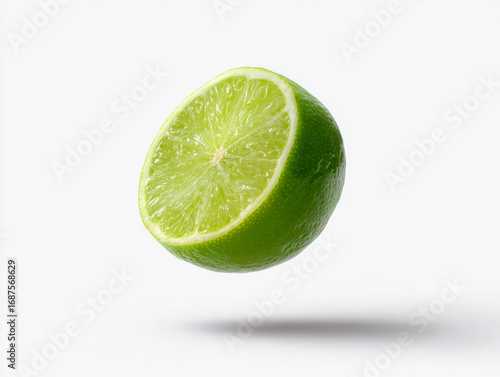 Freshly sliced lime floating mid-air against a clean white background with a dynamic shadow
