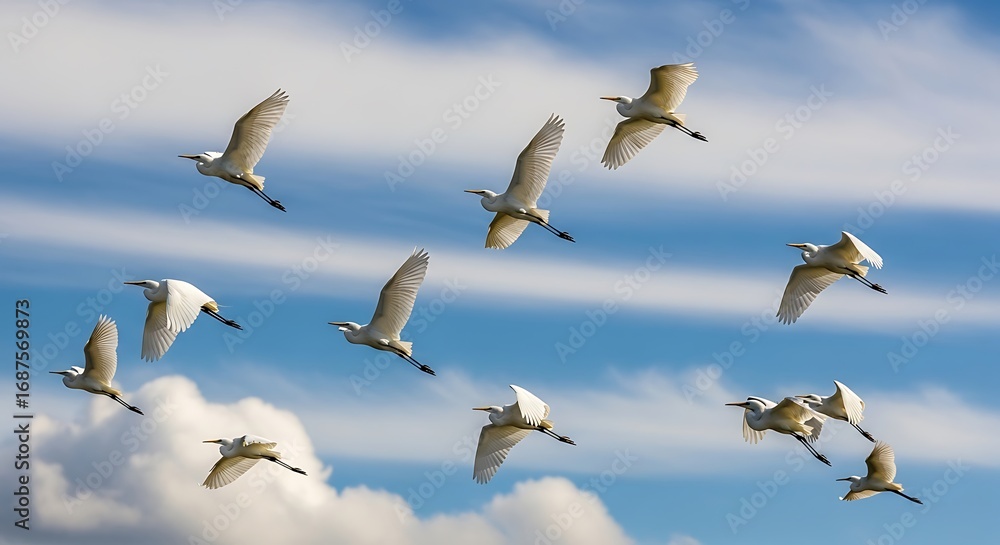 Fototapeta premium White birds flying with blue sky.