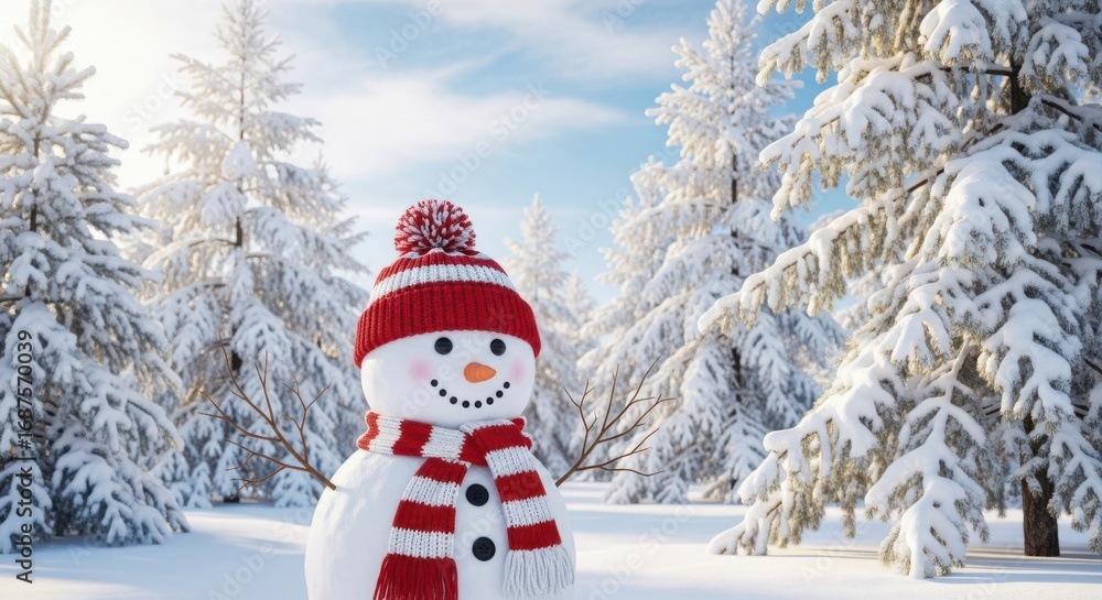 Fototapeta premium A Cheerful Snowman in a Snowy Winter Forest Scene