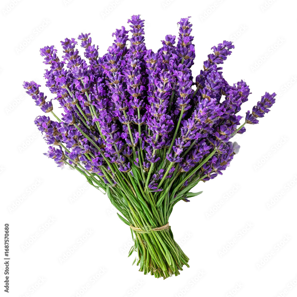 Fototapeta premium A beautiful bouquet of fresh lavender flowers, isolated on a transparent background, showcasing their vibrant purple color and delicate texture, perfect for floral arrangements and aromatherapy