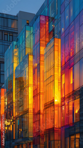 Vibrant Gradient Glass Facade and Reflections modernarchitecture building facae glass windows colorful rflection vibrant gradient bstract design light and sadow sunlight effect urbanenvironment