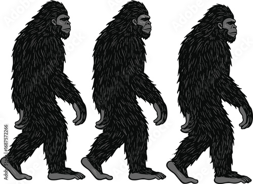 Elusive Bigfoot walking creature illustration, cryptid, sasquatch, yeti, ape-like beast, mysterious forest giant, legendary monster, primate vector art.