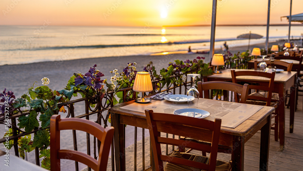 Obraz premium a cozy romantic street cafe next to a park or on the seashore. the beginning of the sunset, tables with vases and candles