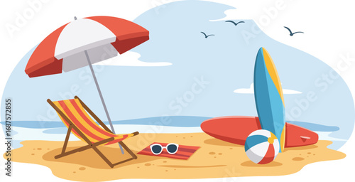 beach scene with umbrella surfboard chair sunglasses and seagulls flying