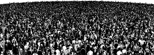 Black and White Wide Angle Illustration of Large Crowd of People, Mass Gathering Concept, 